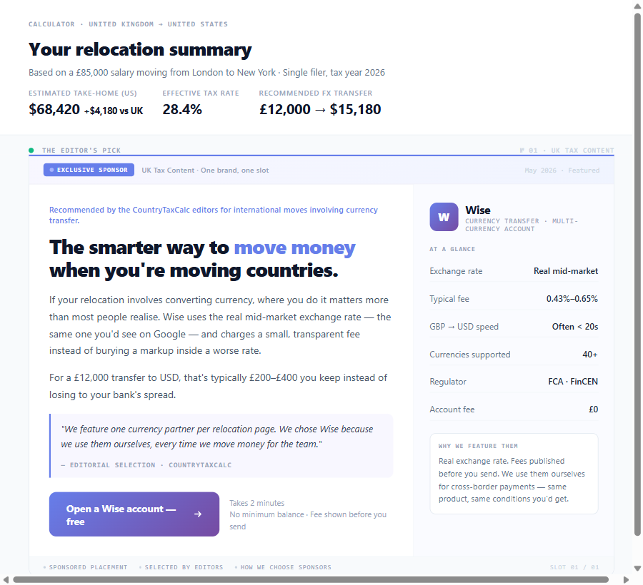 Design concept of a Featured Sponsor editorial placement on a CountryTaxCalc calculator page — showing a prominent sponsored block with logo, headline, description, and CTA above the affiliate section